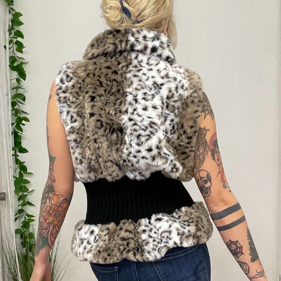 SALONI Full Zip Faux Fur Vest Jacket Leopard Print Size S Brown/White - Picture 4 of 6